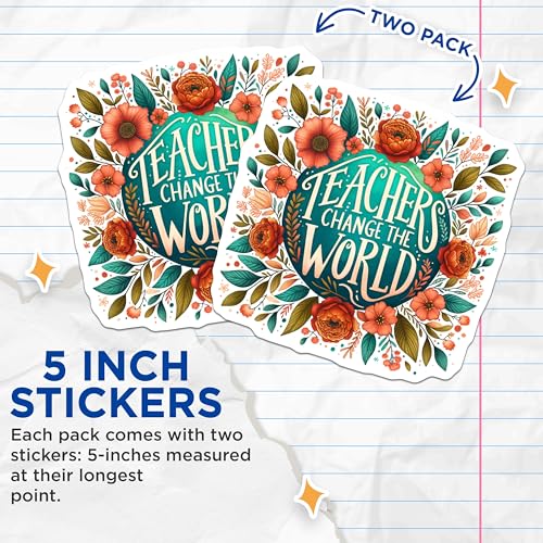 (2 Pack) Teachers Change The World Stickers - Inspirational Teacher Stickers - Classroom Decor - Motivational Quotes - 5" On Longest Side - Sticks to Smooth Flat Surfaces - Made in USA - BMCS4424