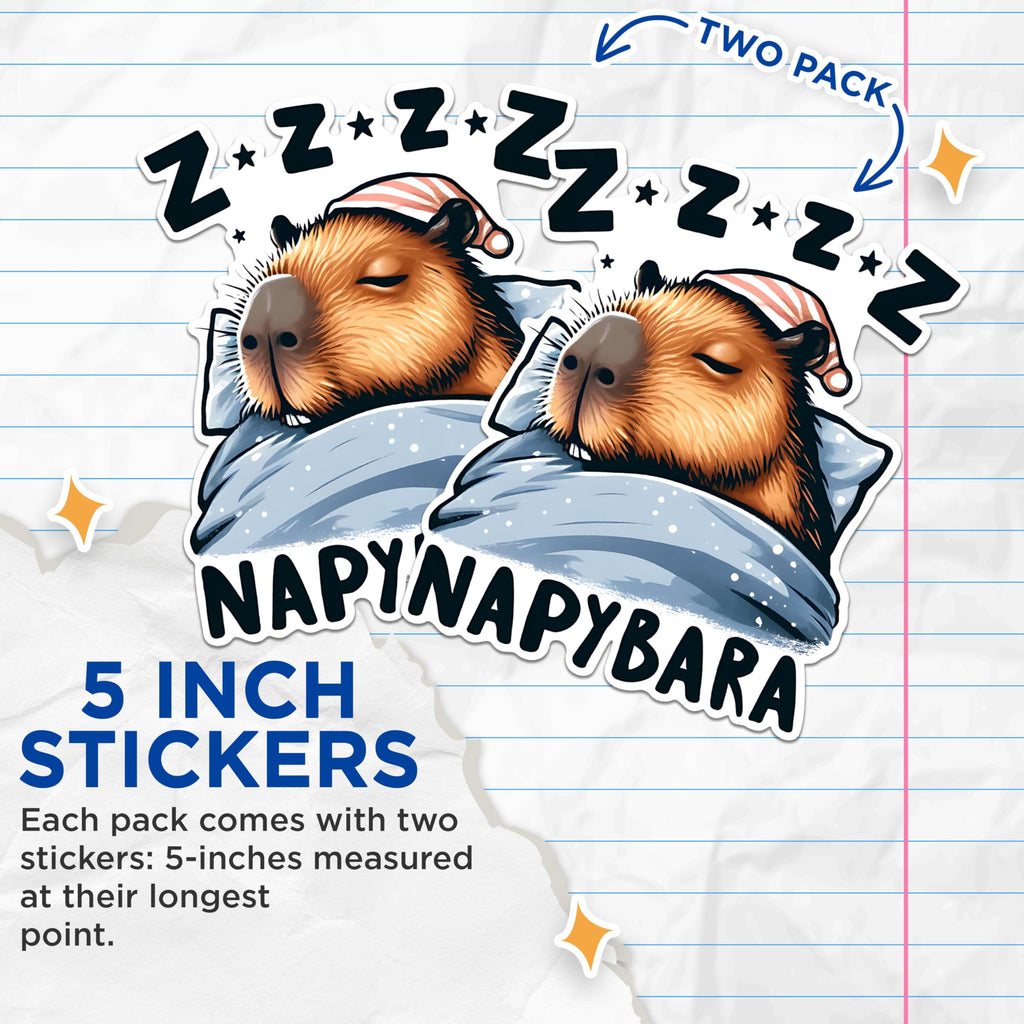 (2 Pack) Adorable Napybara Stickers - Cute Animal Sleep Stickers - Funny ZZZ Stickers - 5" On Longest Side - Sticks to Any Smooth Flat Surface - Made in USA - BMCS2660