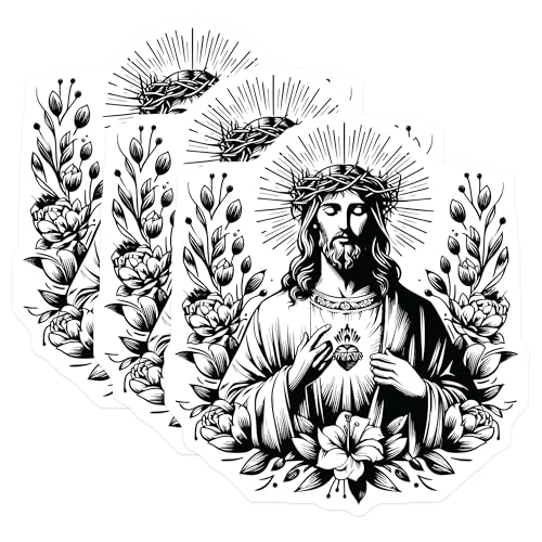 (3 Pack) Jesus Christ Decals - Floral Christian Decal - Sacred Heart Decals - 3 Inches On Longest Side - Easy Peel & Apply - Made in USA - 3MCS6085