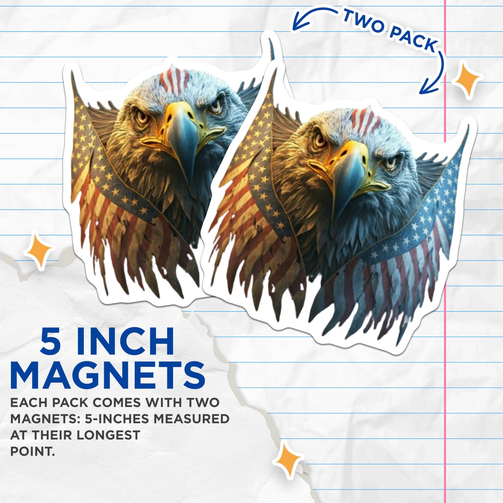 (2 Pack) American Eagle Magnets - Patriotic USA Flag Head Emblem - Freedom Bird Art - National Pride Fridge Decor - 5 Inches On Longest Side - Thick Durable Magnet - Made in USA - MAG22376