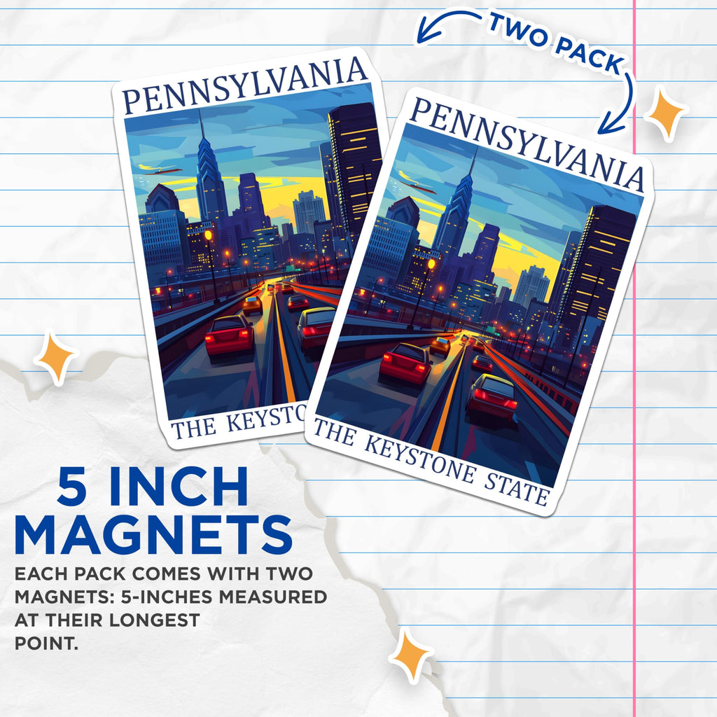 (2 Pack) Pennsylvania State Magnets - Philadelphia Cityscape View Art - Keystone State Travel Poster Decor - 5 Inches On Longest Side - Thick Durable Magnet - Made in USA - MAG19425