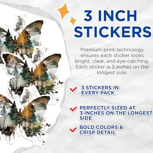 (3 Pack) Butterfly Forest Decals - Nature Inspired - Laptop Decals - 3 Inches On Longest Side - Easy Peel & Apply - Made in USA - 3MCS0594