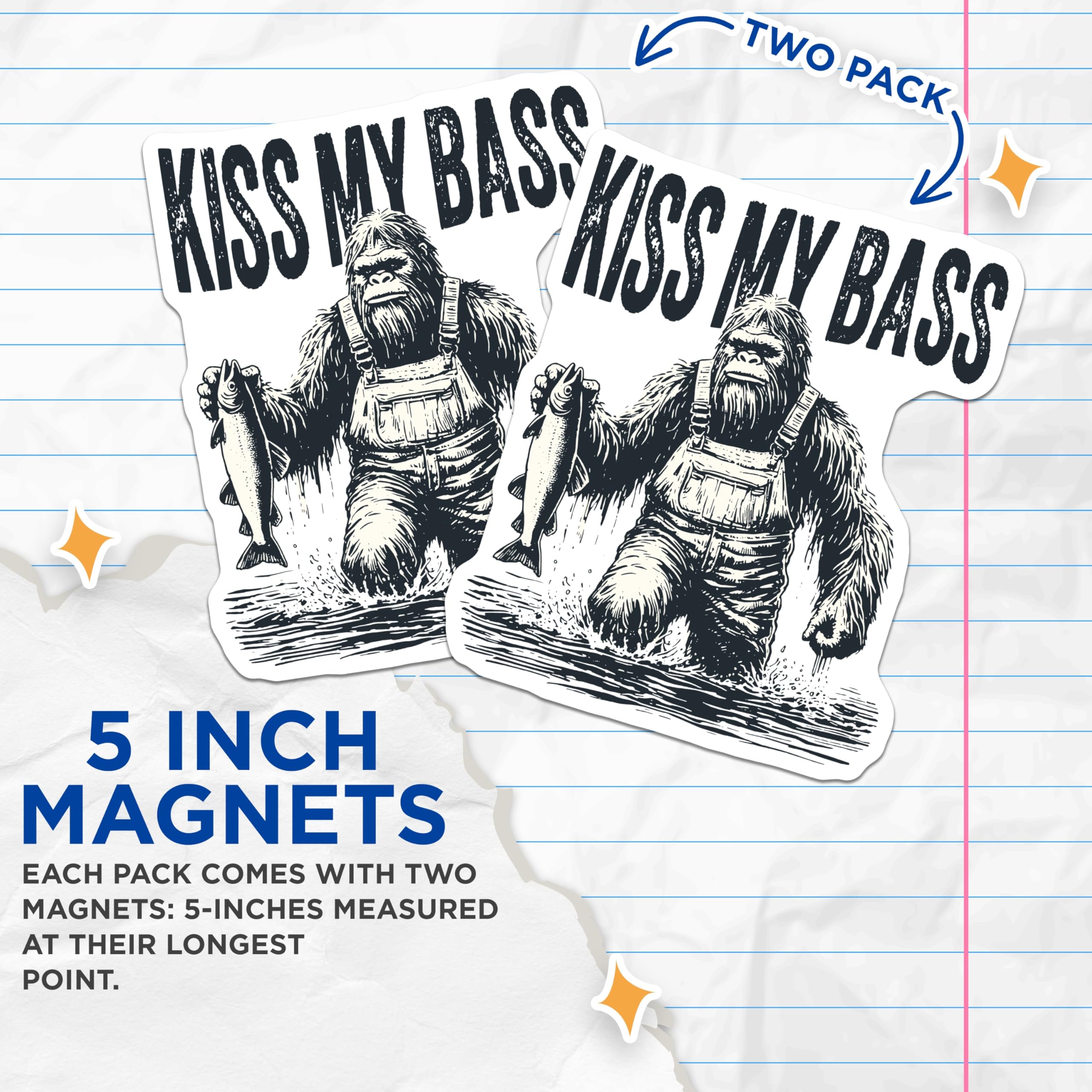 (2 Pack) Kiss My Bass Magnets - Funny Bigfoot Fishing Angler Humor - Sasquatch Outdoors Decor for Fishermen - 5 Inches On Longest Side - Thick Durable Magnet - Made in USA - MAG21073