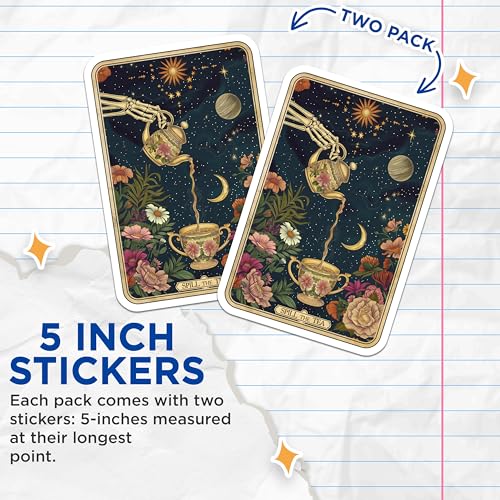 (2 Pack) Space Gothic Floral Stickers - Celestial Skeleton Art Stickers - Moon and Stars Illustration Stickers - 5" On Longest Side - Sticks to Smooth Flat Surfaces - Made in USA - BMCS5321