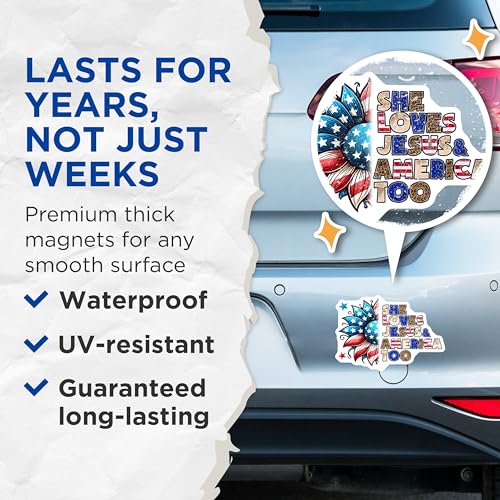 (2 Pack) Patriotic Star Flower Magnets - She Loves Jesus and America Too - Inspirational Refrigerator Decor - 5" On Longest Side - for Cars, Fridges, Toolboxes - Made in USA - MAG78