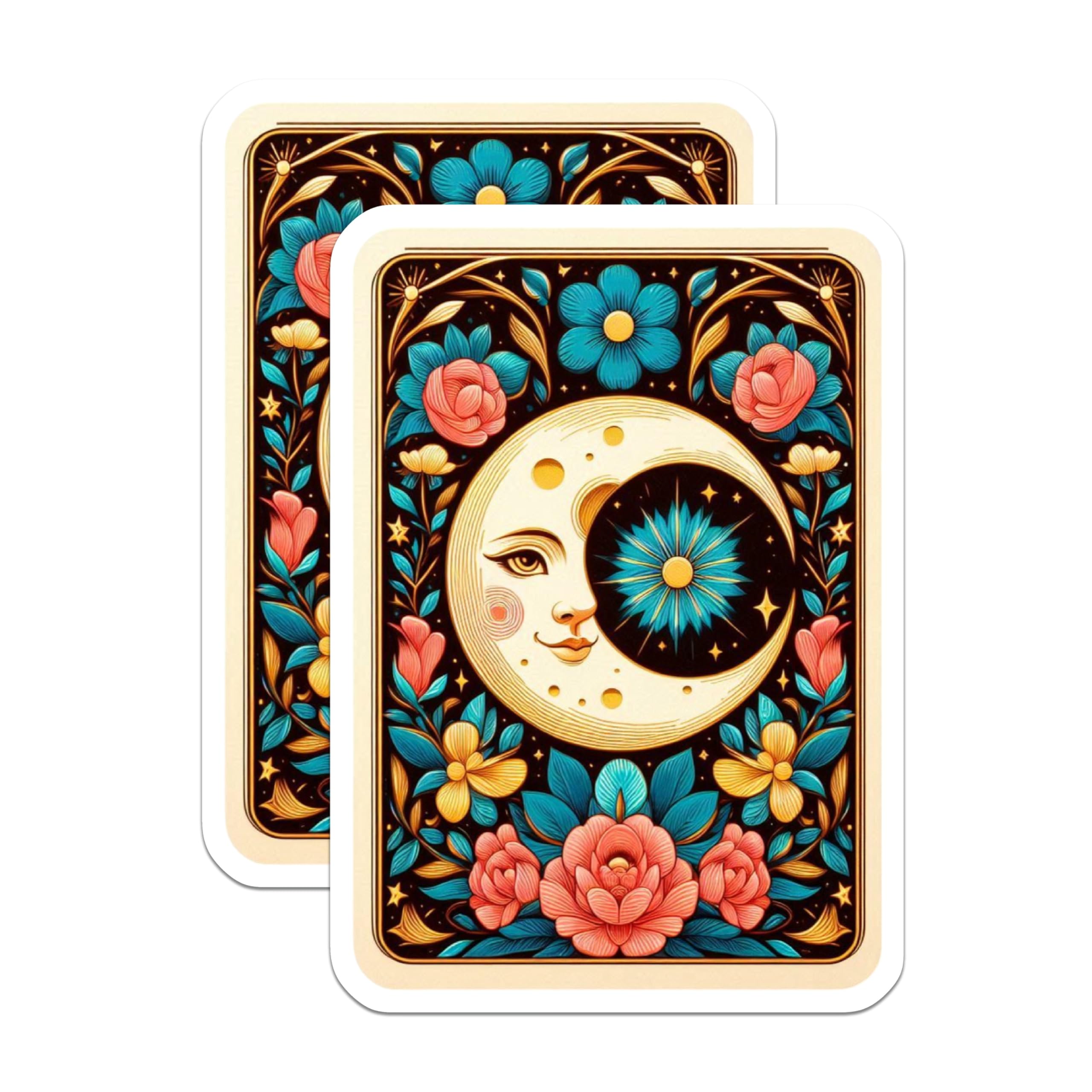 (2 Pack) Celestial Moon Stickers - Mystical Floral Design - Bohemian Witchy Decor - 5" On Longest Side - Sticks to Smooth Flat Surfaces - Made in USA - BMCS21874
