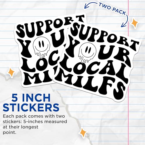 (2 Pack) Support Your Local Milfs Stickers - Funny Milf Decal - Retro Humor Sticker - 5" On Longest Side - Sticks to Smooth Flat Surfaces - Made in USA - BMCS5761