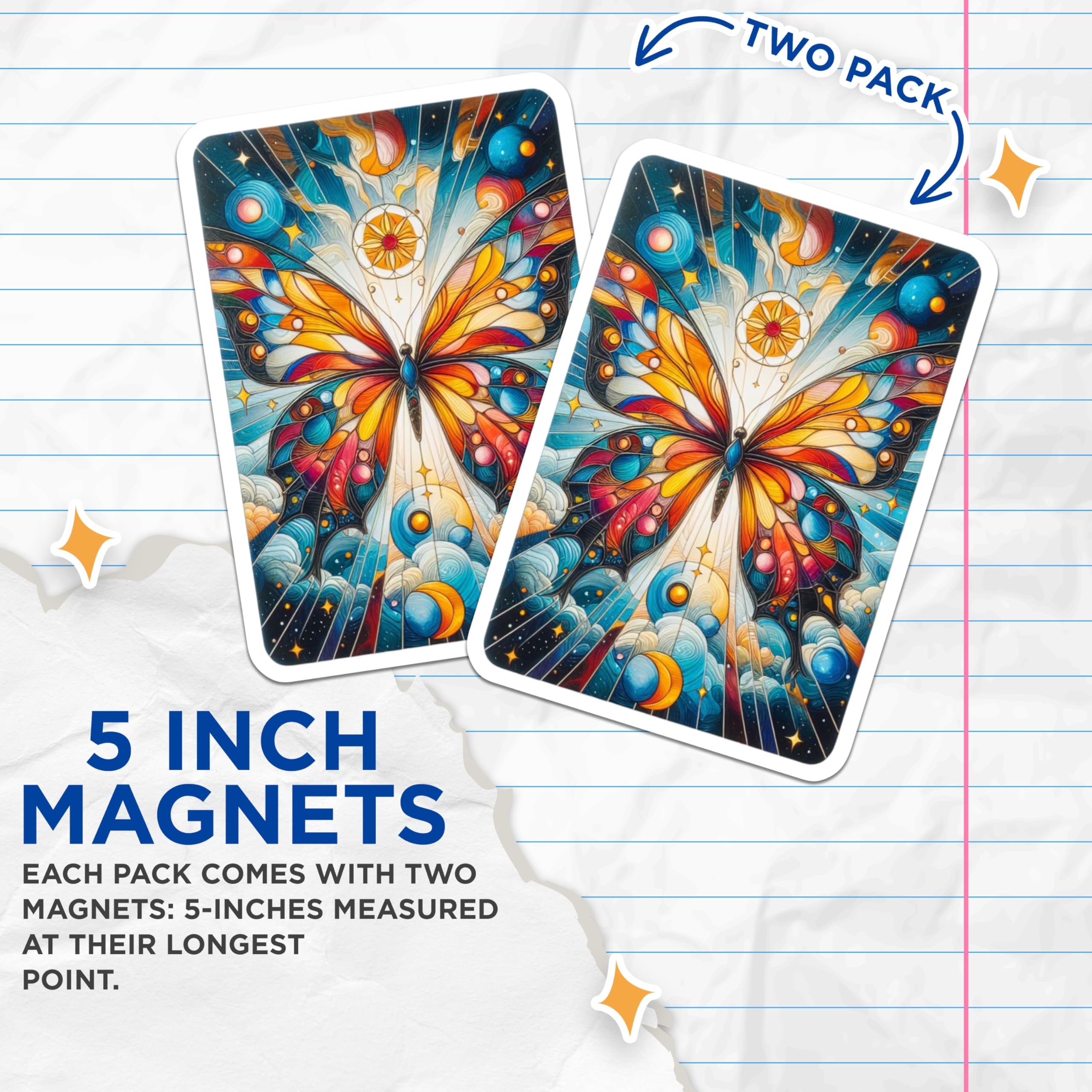 (2 Pack) Stained Glass Butterfly Magnets - Celestial Galaxy Decor - Mystical Boho Kitchen Magnets - 5 Inches On Longest Side - Thick Durable Magnet - Made in USA - MAG20239