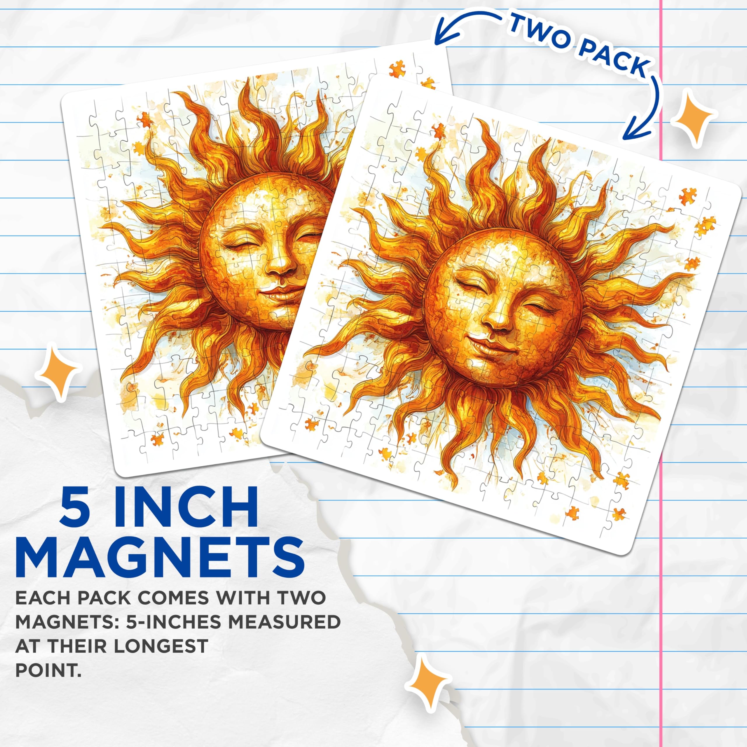 (2 Pack) Sun Puzzle Magnets - Celestial Art Decor - Bohemian Kitchen Accessories - Jigsaw Inspired Design - 5 Inches On Longest Side - Thick Durable Magnet - Made in USA - MAG29495