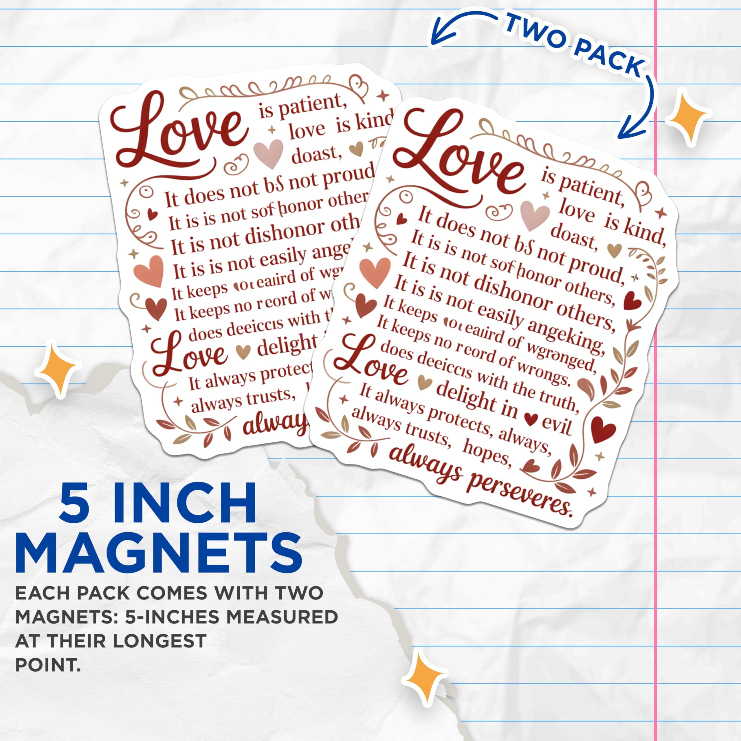 (2 Pack) Love is Patient Magnets - 1 Corinthians 13 Scripture - Inspirational Bible Verse - Faith Home Decor - 5 Inches On Longest Side - Thick Durable Magnet - Made in USA - MAG19958