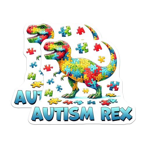 (2 Pack) Autism Rex Stickers - Dinosaur Puzzle - Autism Awareness Vinyl for Kids - 5" On Longest Side - Sticks to Smooth Flat Surfaces - Made in USA - BMCS8116