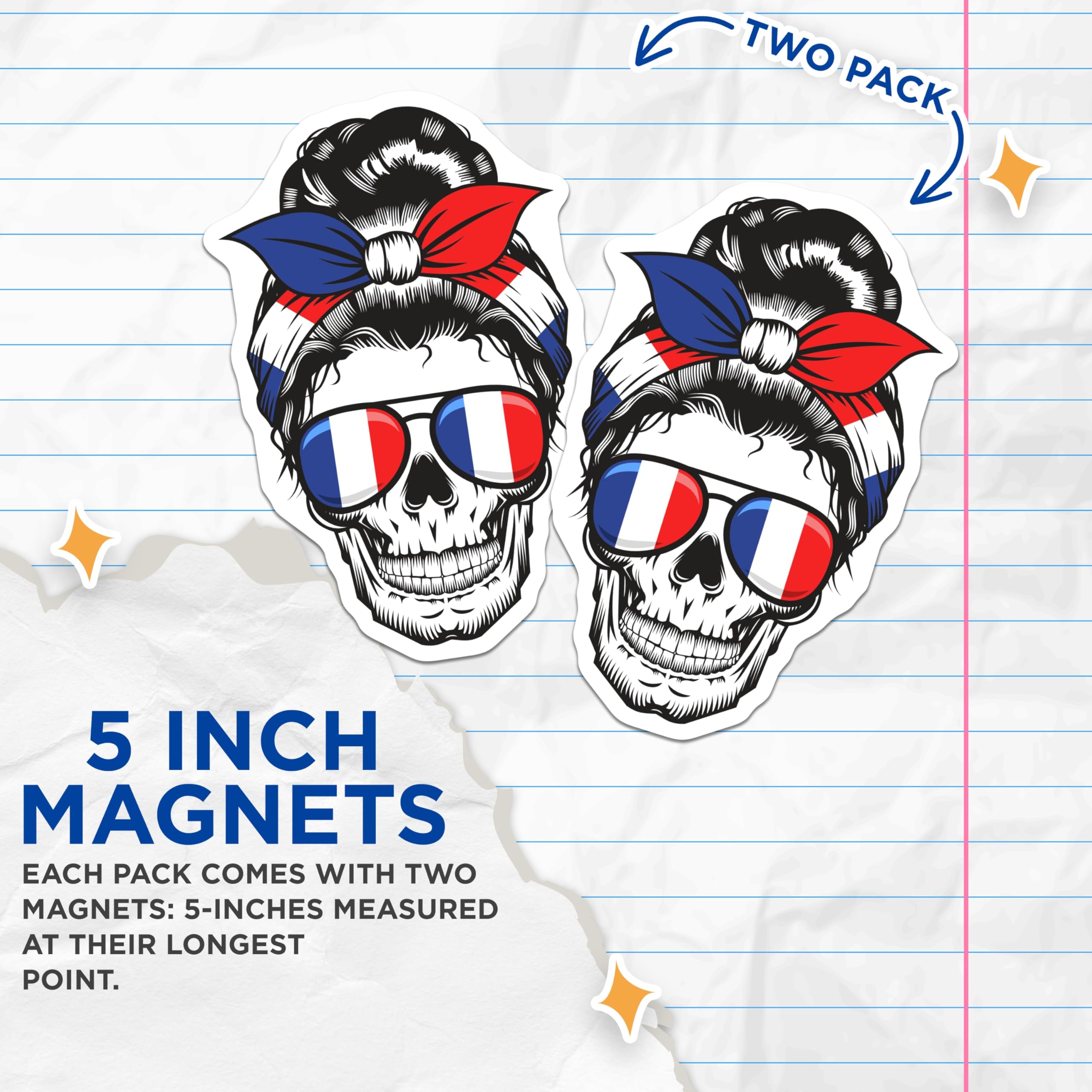 (2 Pack) Messy Bun Skull Magnets - French Flag Sunglasses - Mom Life Magnet - 5" On Longest Side - Premium Magnet - for Cars, Refrigerators, Toolboxes, Lockers - Made in USA - MAG17427