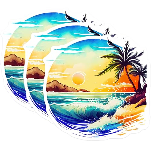 (3 Pack) Tropical Beach Decals - Palm Tree - Ocean Wave Stickers - 3 Inches On Longest Side - Easy Peel & Apply - Made in USA - 3MCS8030
