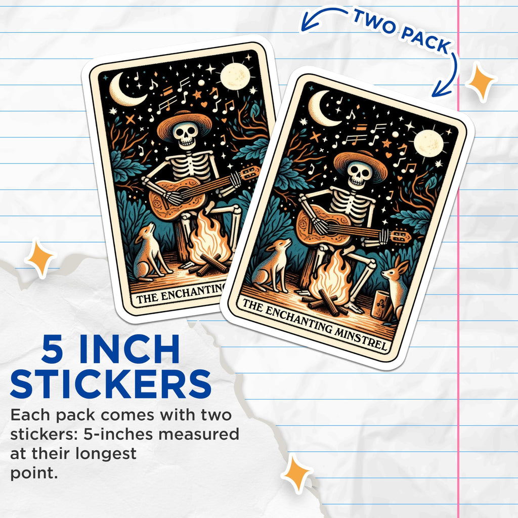 (2 Pack) Enchanting Minstrel Stickers - Skeleton Playing Guitar - Campfire Music Art Stickers - 5" On Longest Side - Sticks to Smooth Flat Surfaces - Made in USA - BMCS5405