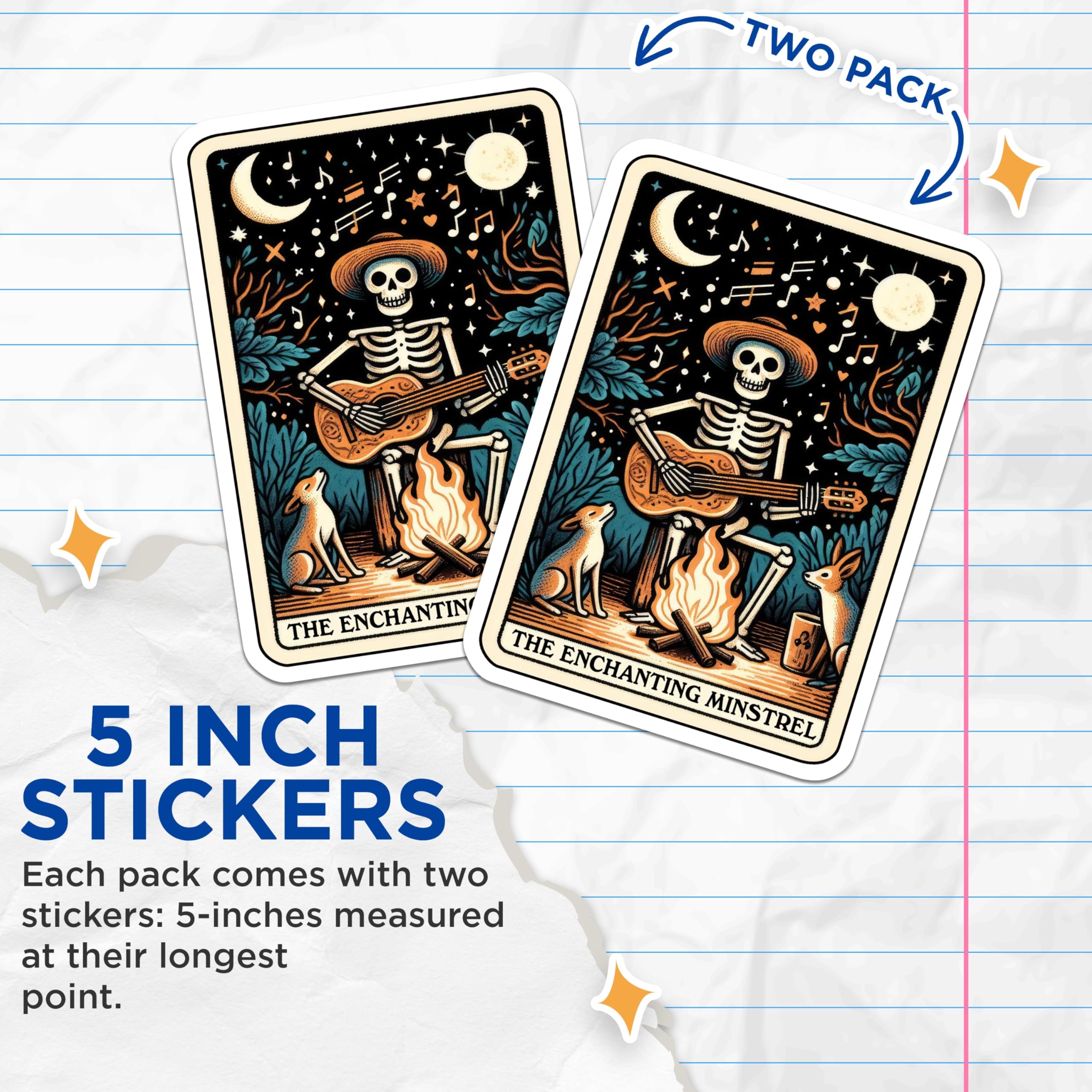 (2 Pack) Enchanting Minstrel Stickers - Skeleton Playing Guitar - Campfire Music Art Stickers - 5" On Longest Side - Sticks to Smooth Flat Surfaces - Made in USA - BMCS5405