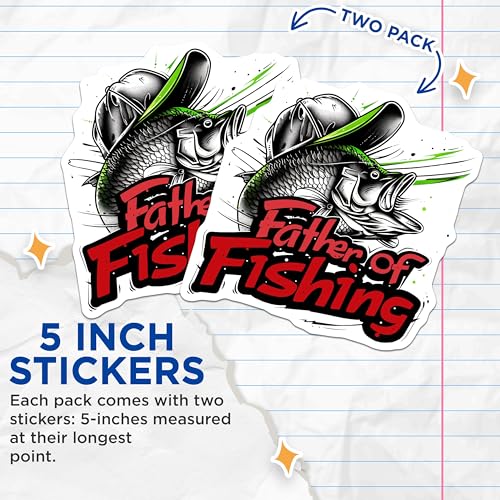 (2 Pack) Father of Fishing Stickers - Fish Dad Stickers - Outdoorsman Fishing Stickers - Fisherman Decal - 5" On Longest Side - Sticks to Any Smooth Flat Surface - Made in USA - BMCS3449