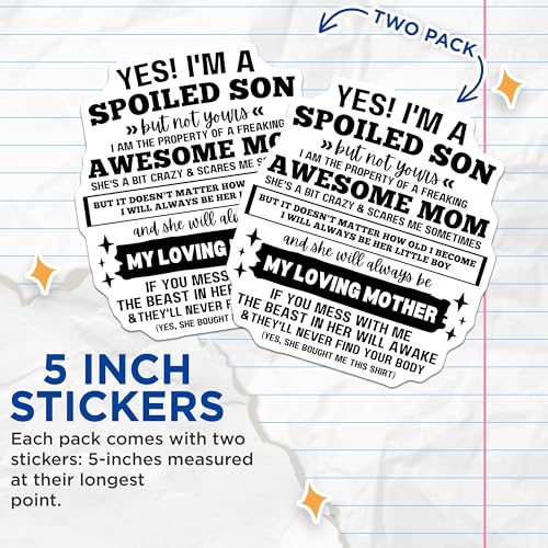 (2 Pack) Spoiled Son Awesome Mom Stickers - Property of Freaking Awesome Mom - Funny Son - 5" On Longest Side - Sticks to Smooth Flat Surfaces - Made in USA - BMCS6242