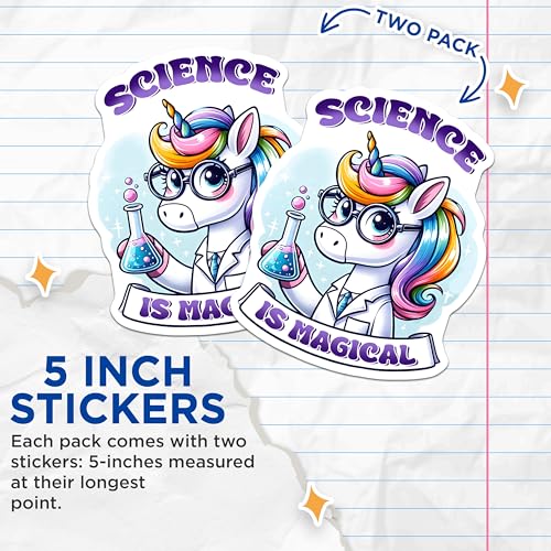 (2 Pack) Unicorn Science Stickers - Magical Unicorn - Fun Science Teacher Decal - 5" On Longest Side - Sticks to Smooth Flat Surfaces - Made in USA - BMCS8065
