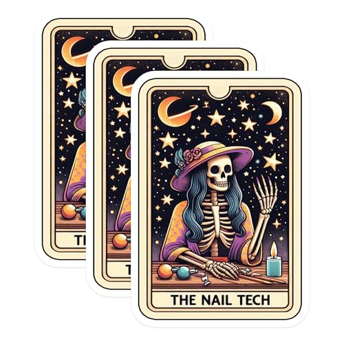 (3 Pack) Nail Tech Tarot Decals - Spooky Salon - Beauty Skeleton - 3 Inches On Longest Side - Easy Peel & Apply - Made in USA - 3MCS4233