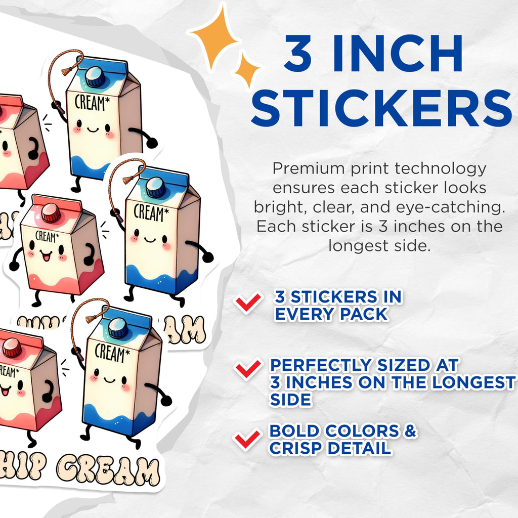 (3 Pack) Whip Cream Decals - Cartoon Decal - Cute Kawaii Decals - 3 Inches On Longest Side - Easy Peel & Apply - Made in USA - 3MCS6357