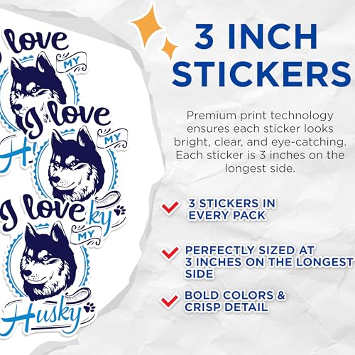 (3 Pack) Husky Decals - I Love My Husky - Dog Breed Decals - 3 Inches On Longest Side - Easy Peel & Apply - Made in USA - 3MCS1759