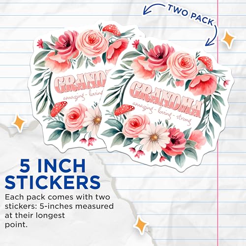 (2 Pack) Grandma Stickers - Floral Design - Amazing Loving Strong - 5" On Longest Side - Sticks to Smooth Flat Surfaces - Made in USA - BMCS8470