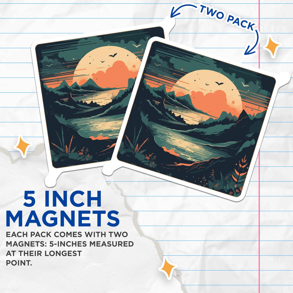 (2 Pack) Nature Landscape Magnets - Mountain Lake Art - Sunset View Decor - Outdoor Explorer Home Accessories - 5 Inches On Longest Side - Thick Durable Magnet - Made in USA - MAG27726