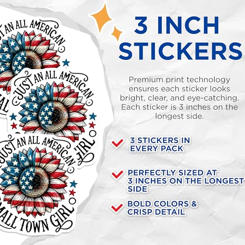 (3 Pack) American Sunflower Decals - Patriotic Decal - Small Town Girl Decal - 3 Inches On Longest Side - Easy Peel & Apply - Made in USA - 3MCS6632