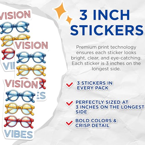 (3 Pack) Vision Vibes Decals - Colorful Glasses Stickers - Laptop Decal Set - 3 Inches On Longest Side - Easy Peel & Apply - Made in USA - 3MCS6847