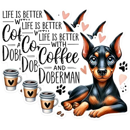 (3 Pack) Doberman Coffee Decals - Dog Lover Decal - Laptop Decal - 3 Inches On Longest Side - Easy Peel & Apply - Made in USA - 3MCS1250