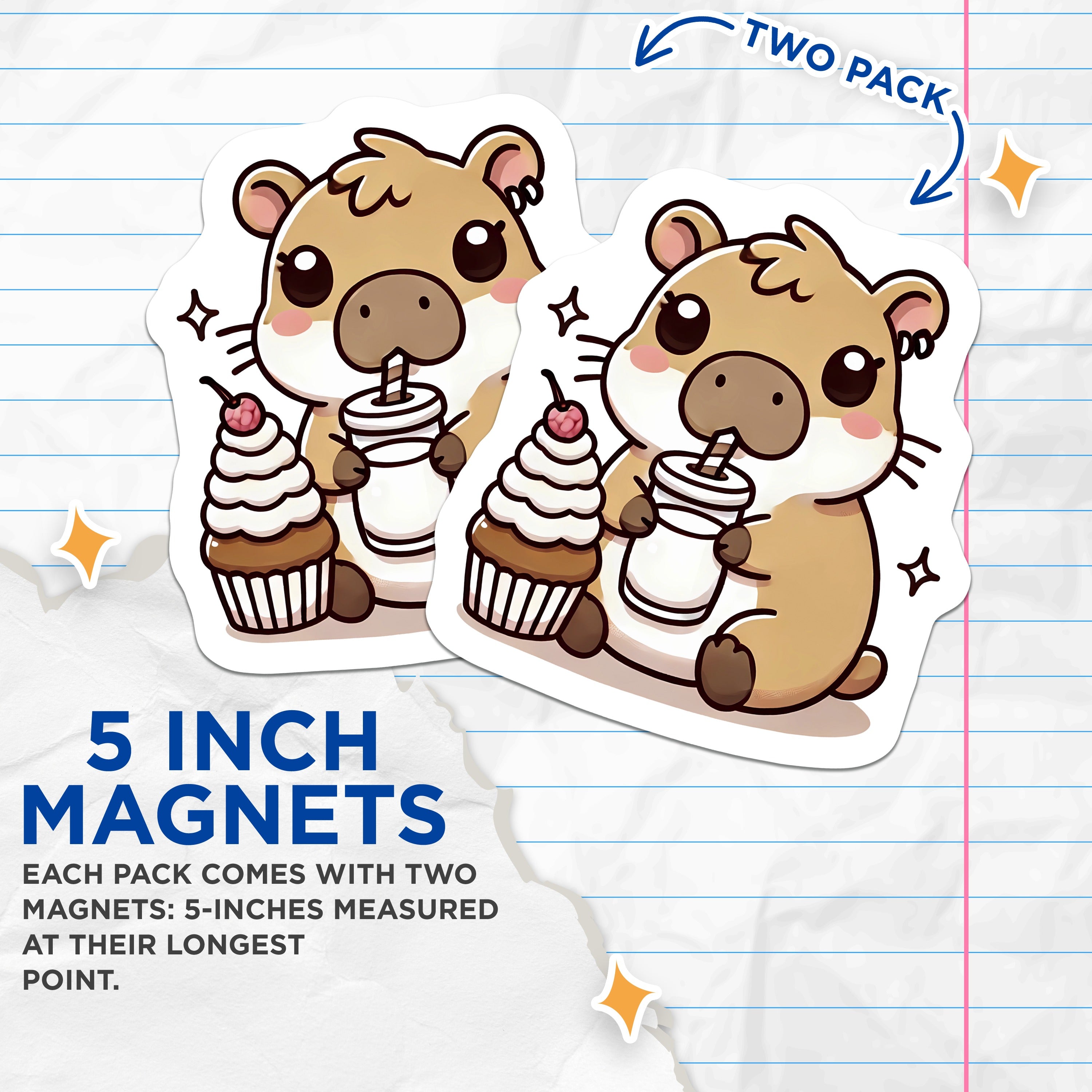 (2 Pack) Cute Hamster Magnets - Kawaii Animal Decor - Snack Time Pet Refrigerator Art - Sweet Treat Kitchen Accent - 5 Inches On Longest Side - Thick Durable Magnet - Made in USA - MAG38122