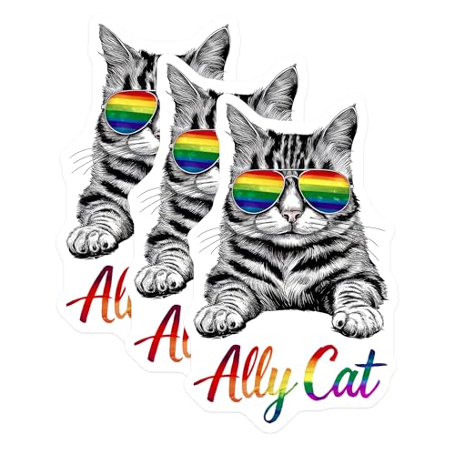 (3 Pack) Ally Cat Decals - LGBTQ Cat - Rainbow Sunglasses Decal - 3 Inches On Longest Side - Easy Peel & Apply - Made in USA - 3MCS8307