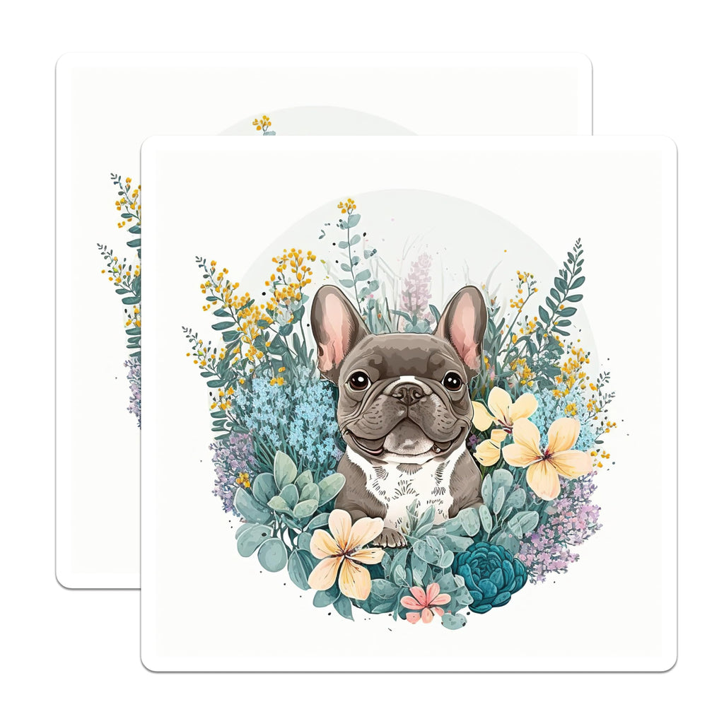 (2 Pack) French Bulldog Stickers - Floral Dog Stickers - Cute Animal Stickers - 5" On Longest Side - Sticks to Smooth Flat Surfaces - Made in USA - BMCS14342