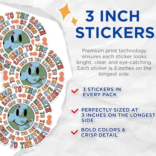 (3 Pack) Be Kind to Earth Decals - Smiley Earth - Planet Laptop Decal - 3 Inches On Longest Side - Easy Peel & Apply - Made in USA - 3MCS1690