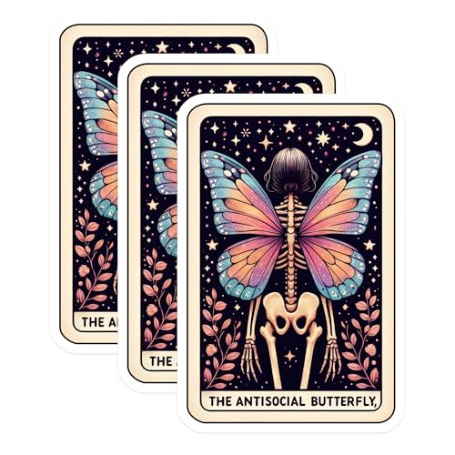 (3 Pack) Antisocial Butterfly Decals - Tarot Card Sticker - Skeleton Laptop Decal - 3 Inches On Longest Side - Easy Peel & Apply - Made in USA - 3MCS4113
