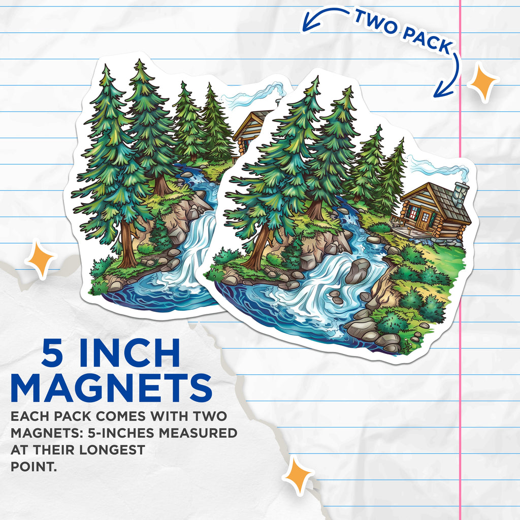 (2 Pack) Cabin in Woods Magnets - Rustic Waterfall Landscape - Cozy Forest Fridge Decoration - 5 Inches On Longest Side - Thick Durable Magnet - Made in USA - MAG39825