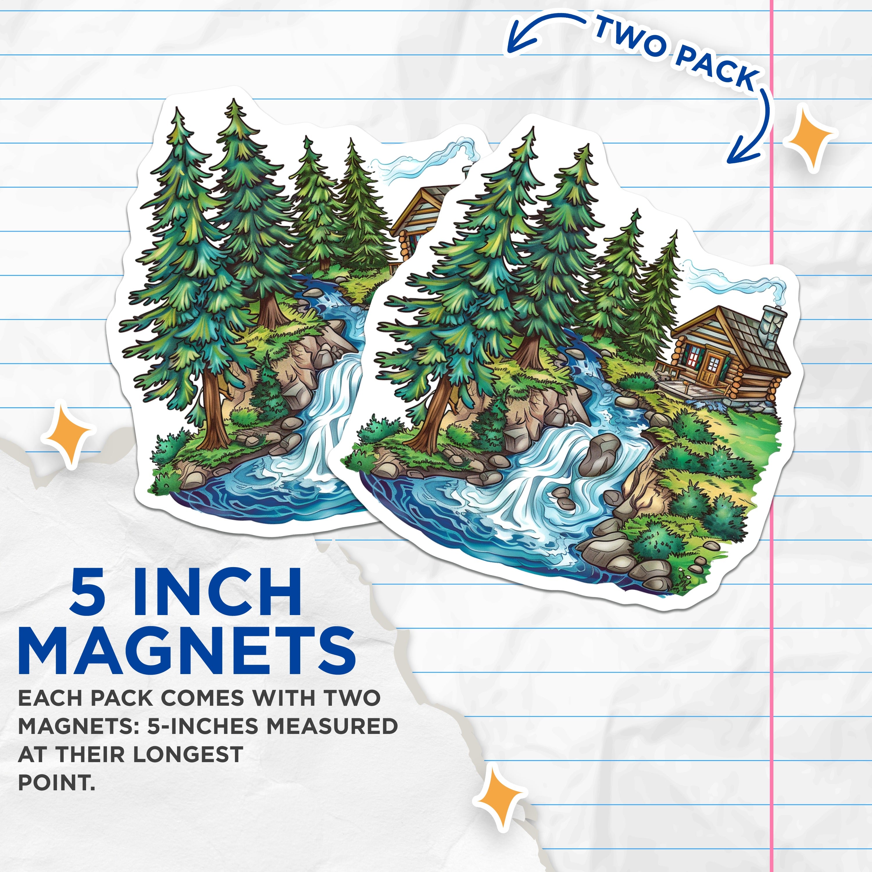 (2 Pack) Cabin in Woods Magnets - Rustic Waterfall Landscape - Cozy Forest Fridge Decoration - 5 Inches On Longest Side - Thick Durable Magnet - Made in USA - MAG39825