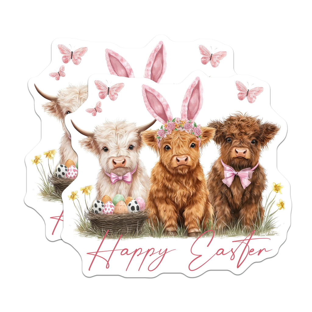 (2 Pack) Highland Cow Easter Magnets - Cute Baby Calf Spring Decor - Farm Animal Kitchen Fridge Magnet - 5 Inches On Longest Side - Thick Durable Magnet - Made in USA - MAG36978