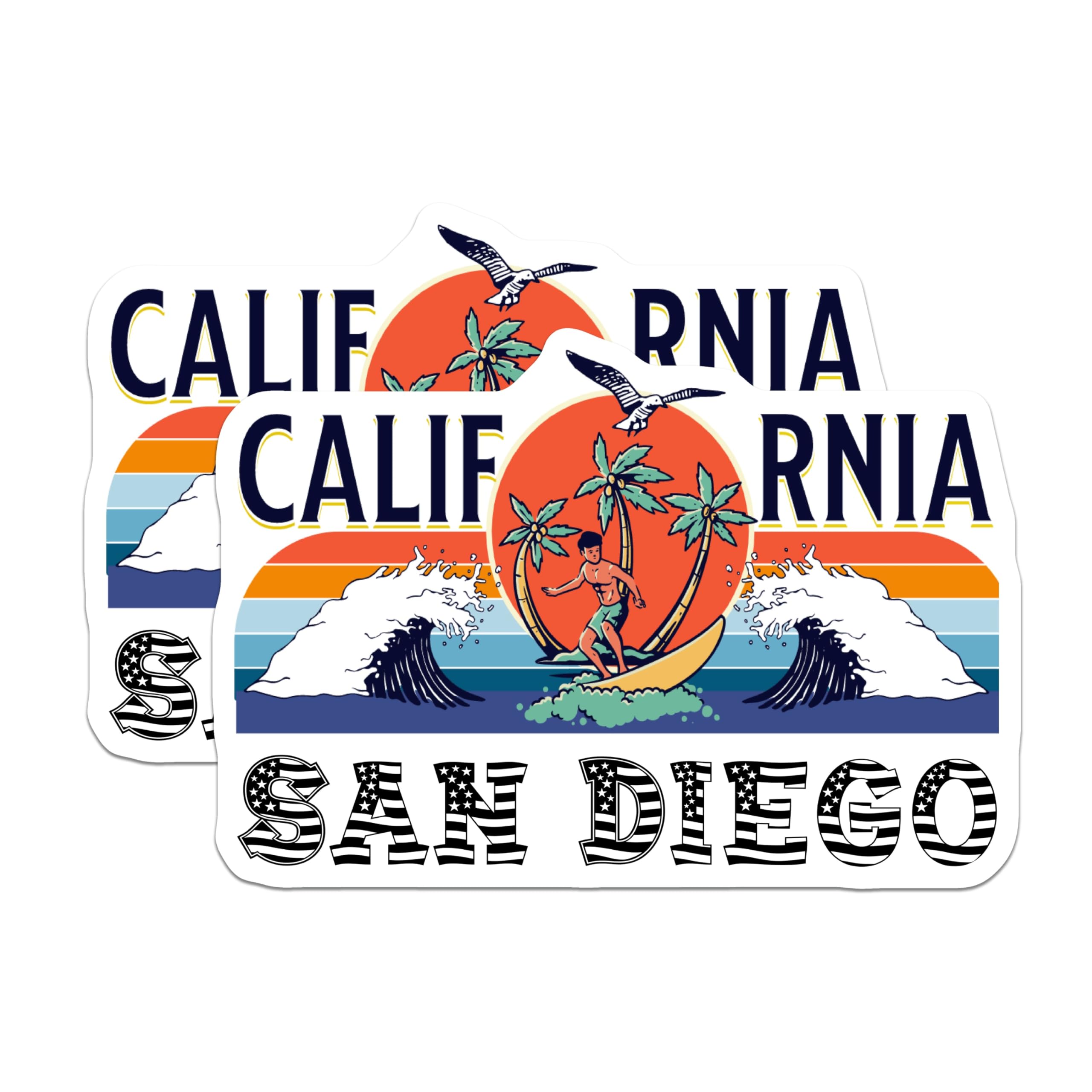 (2 Pack) San Diego California Stickers - Surfing Stickers - Retro Travel Decals - 5" On Longest Side - Sticks to Smooth Flat Surfaces - Made in USA - BMCS17164