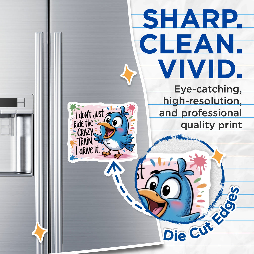 (2 Pack) Crazy Train Saying Magnets - Funny Quote Decor - Humorous Bird Art - Quirky Refrigerator Accent - 5 Inches On Longest Side - Thick Durable Magnet - Made in USA - MAG38753