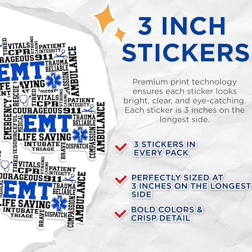 (3 Pack) EMT Word Art Decals - Emergency Medical Decals - First Responder Stickers - 3 Inches On Longest Side - Easy Peel & Apply - Made in USA - 3MCS0532