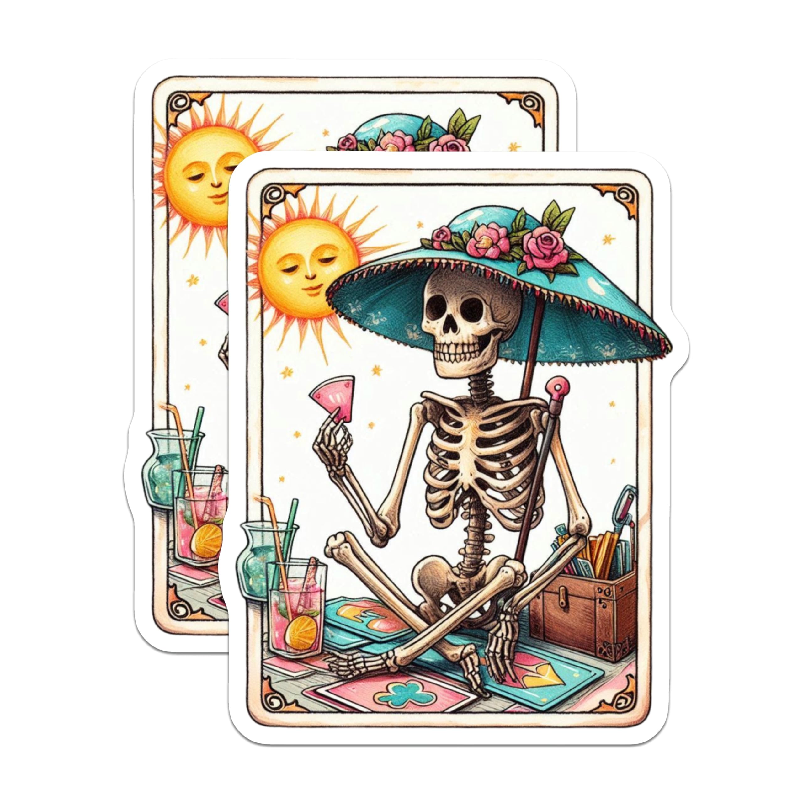 (2 Pack) Whimsical Skeleton Magnets - Day of Dead Skull Art - Summer Vibes Fridge Locker Decor - 5 Inches On Longest Side - Thick Durable Magnet - Made in USA - MAG20364