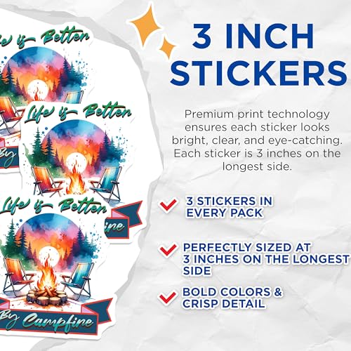 (3 Pack) Campfire Decals - Camping Life Sticker - Laptop Decal Set- 3 Inches On Longest Side - Easy Peel & Apply - Made in USA - 3MCS5576