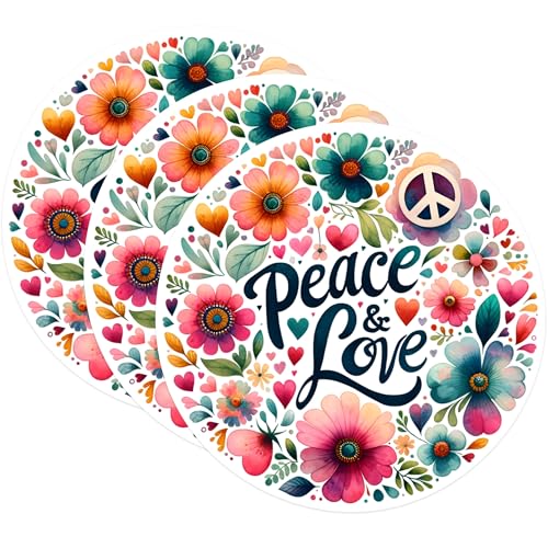 (3 Pack) Peace and Love Decals - Floral Hippie Sticker - Laptop Water Bottle Decal - 3 Inches On Longest Side - Easy Peel & Apply - Made in USA - 3MCS0579
