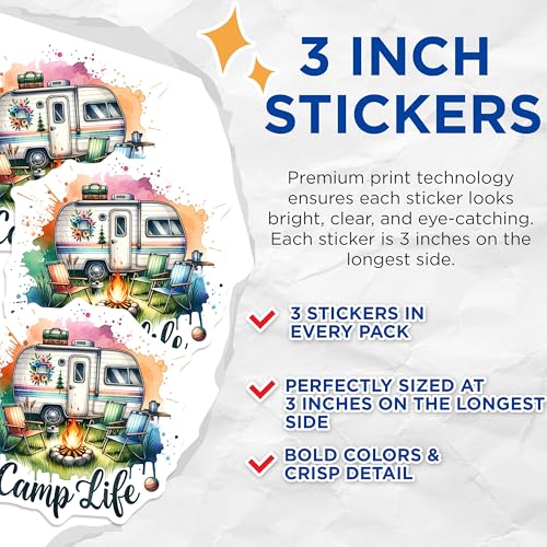 (3 Pack) Camp Life Decals - Camping RV - Bonfire Decor- 3 Inches On Longest Side - Easy Peel & Apply - Made in USA - 3MCS5853
