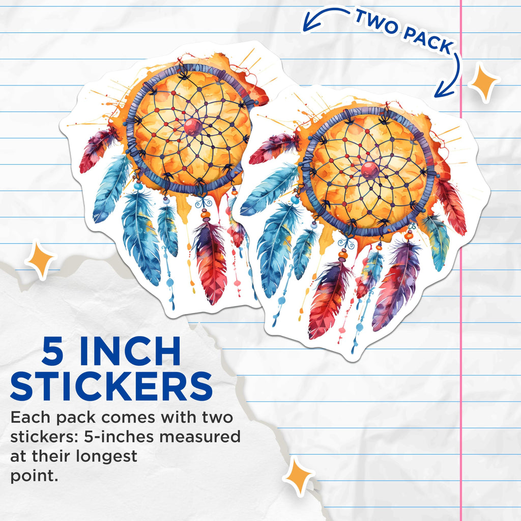 (2 Pack) Dreamcatcher Stickers - Watercolor Boho Art - Native American Decor - 5" On Longest Side - Sticks to Smooth Flat Surfaces - Made in USA - BMCS8868