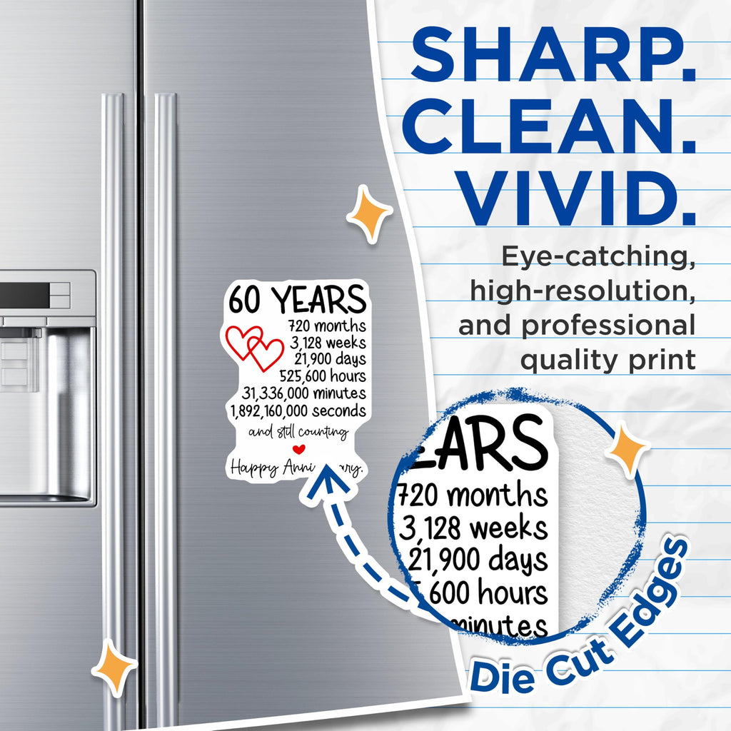 (2 Pack) 60th Anniversary Magnets - Happy Anniversary Decoration - 60 Years Celebration Souvenir- 5" On Longest Side - Sticks to Smooth Flat Surfaces - Made in USA - MAG11721
