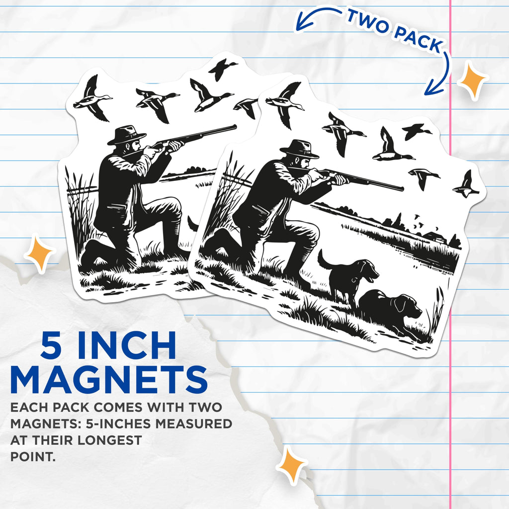 (2 Pack) Duck Hunting Magnets - Waterfowl Hunter Design - Hunting Dogs Retriever Scene - Outdoor Sportsman Wildlife Magnets - 5 Inches On Longest Side - Thick Durable Magnet - Made in USA - MAG22224