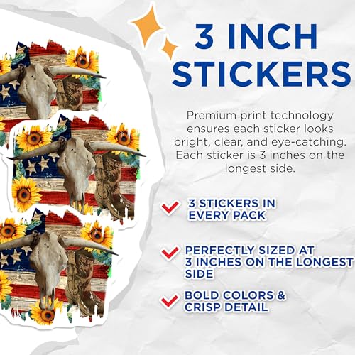 (3 Pack) American West Decals - Cowboy Boot Sunflower Decal - Bull Skull USA Flag Decal - 3 Inches On Longest Side - Easy Peel & Apply - Made in USA - 3MCS4494