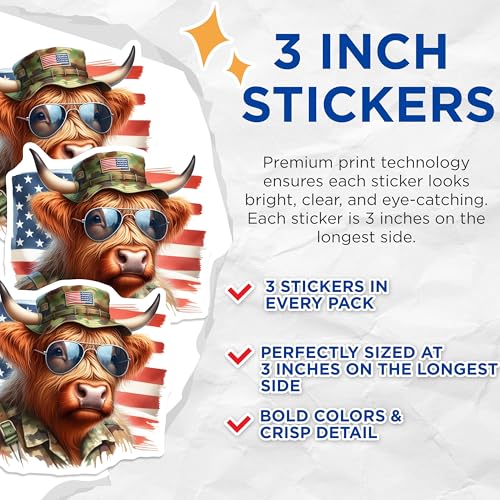 (3 Pack) Patriotic Highland Cow Decals - USA Flag - Military Animal Decal- 3 Inches On Longest Side - Easy Peel & Apply - Made in USA - 3MCS5133